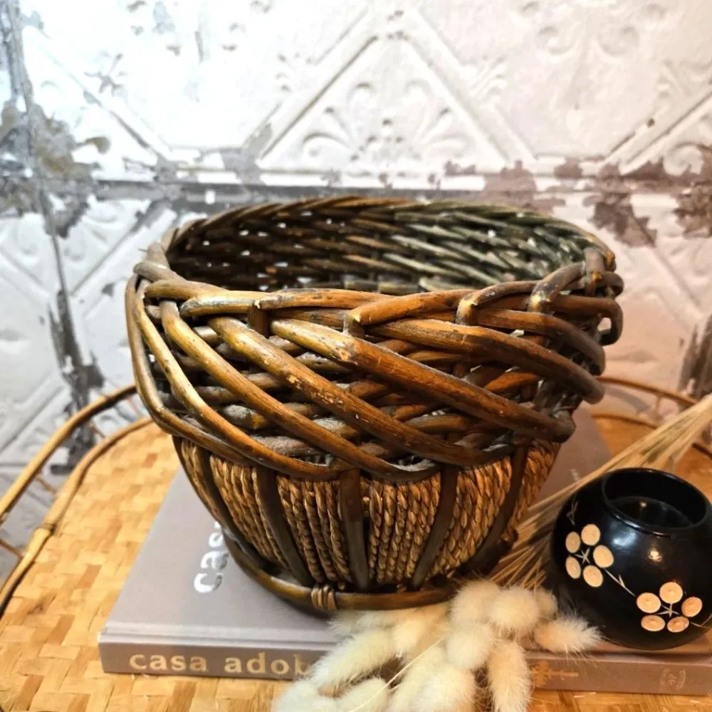 Vintage Oval Hand Woven Basket Natural Bamboo & Rope Storage Basket Rustic